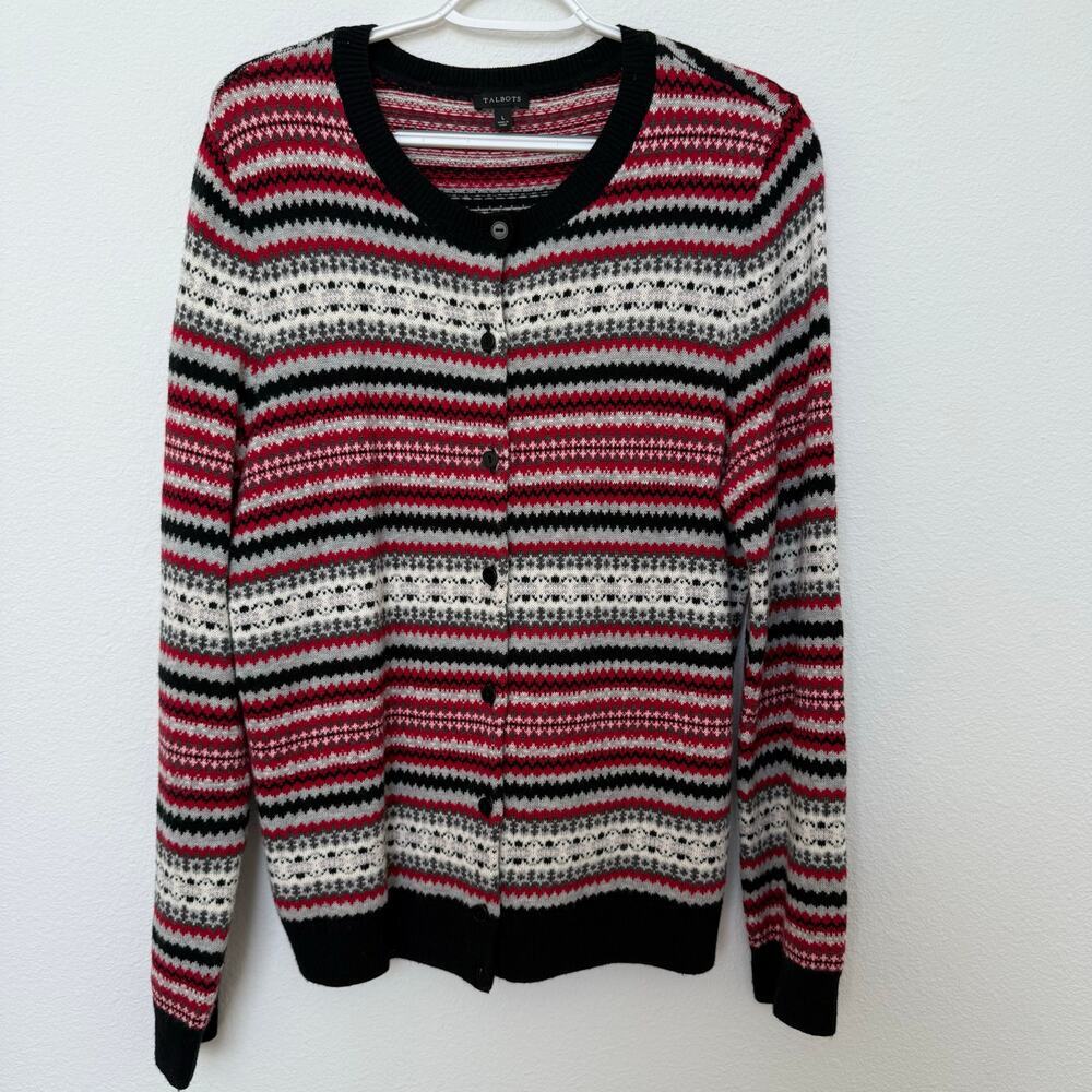 Talbots‎ Fair Isle Nordic Button Up Cardigan Red Black White Large Lambswool